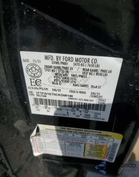 2012 Ford F150 Supercrew z USA, uszkodzony, nr VIN 1FTFW1ET0CKD08148